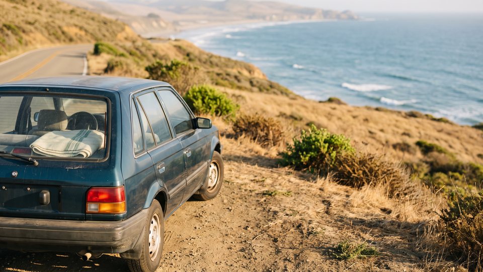 A modest older hatchback parked at a sunny pullout above the California coast with golden hills and the ocean