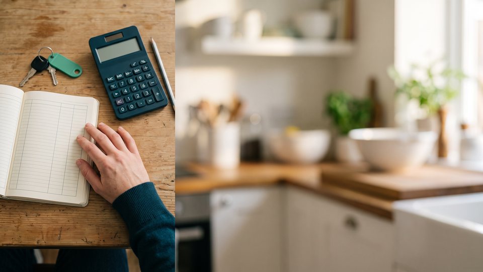 An open notebook with blank columns, a calculator, car keys and a pencil on a wooden table
