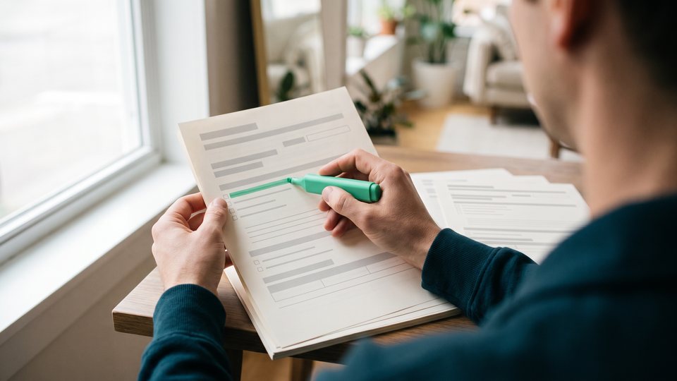 A person seen from behind marks blank loan pages with a green highlighter by a window