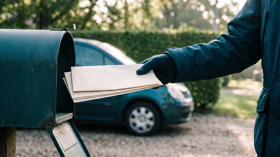 A gloved hand pulls plain envelopes from a mailbox with a car parked in the driveway behind