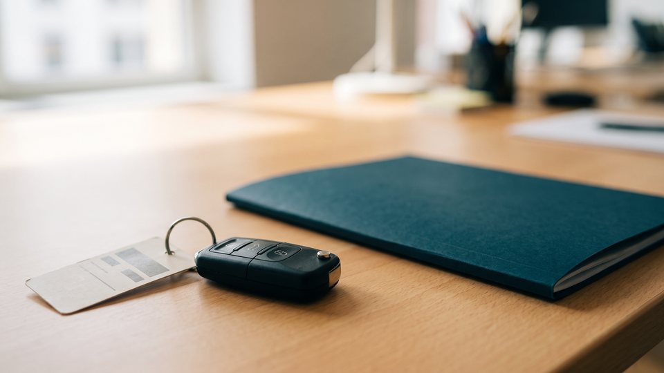 A car key fob with a blank paper tag lies on a desk beside a closed midnight teal folder