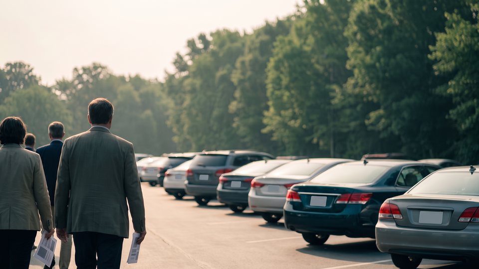 Rows of ordinary parked cars in a quiet lot in early morning light, with two people walking away from the camera