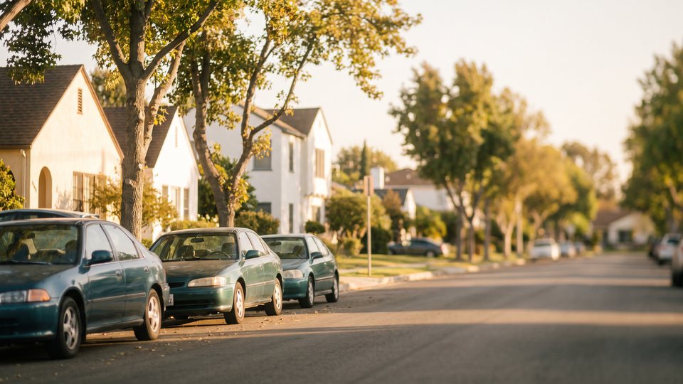 A quiet suburban street at golden hour with a few cars parked along the curb