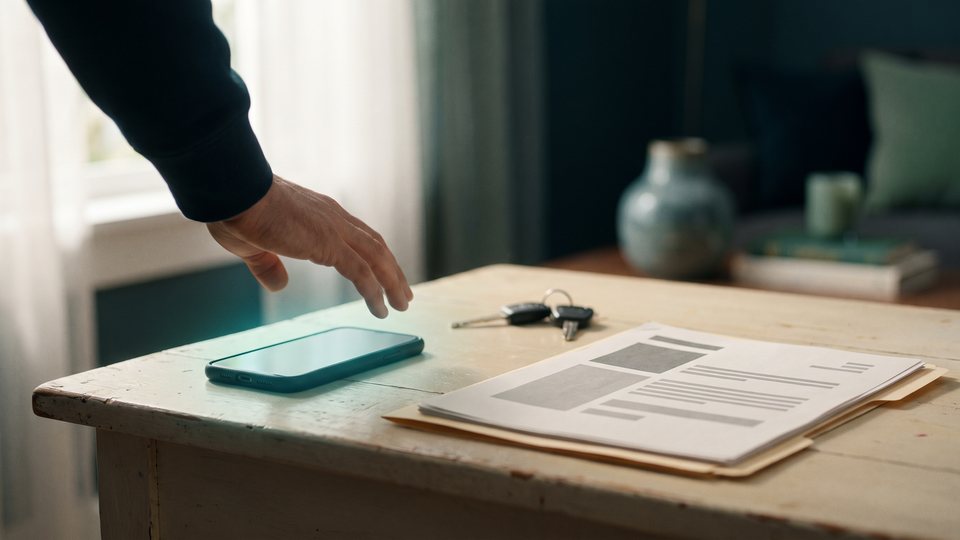 A smartphone lies face down glowing on a wooden table as a hand pulls away, with car keys and blank papers nearby